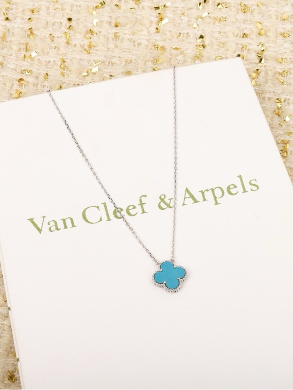 Van Cleef & Arpels Turquoise Alhambra Pendant Necklace - Silver Chain